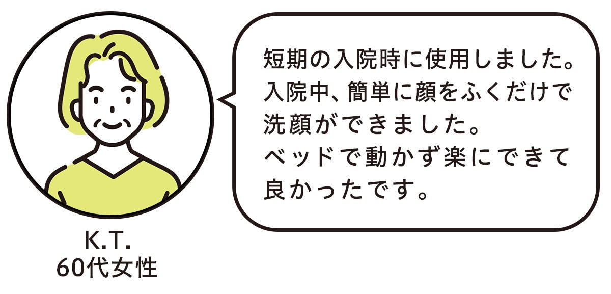 短期の入院時に使用しました。 入院中、簡単に顔をふくだけで洗顔ができました。 ベッドで動かず楽にできて良かったです。 （K.T.60代女性）