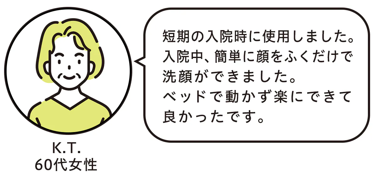 短期の入院時に使用しました。 入院中、簡単に顔をふくだけで洗顔ができました。 ベッドで動かず楽にできて良かったです。 （K.T.60代女性）
