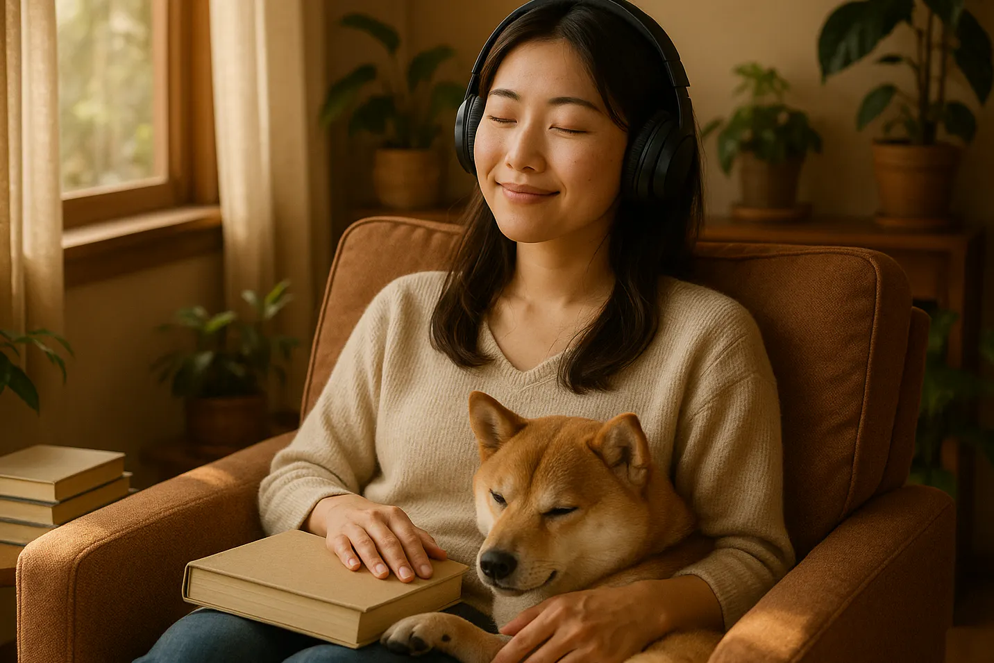 オーディオブックを聴く女性