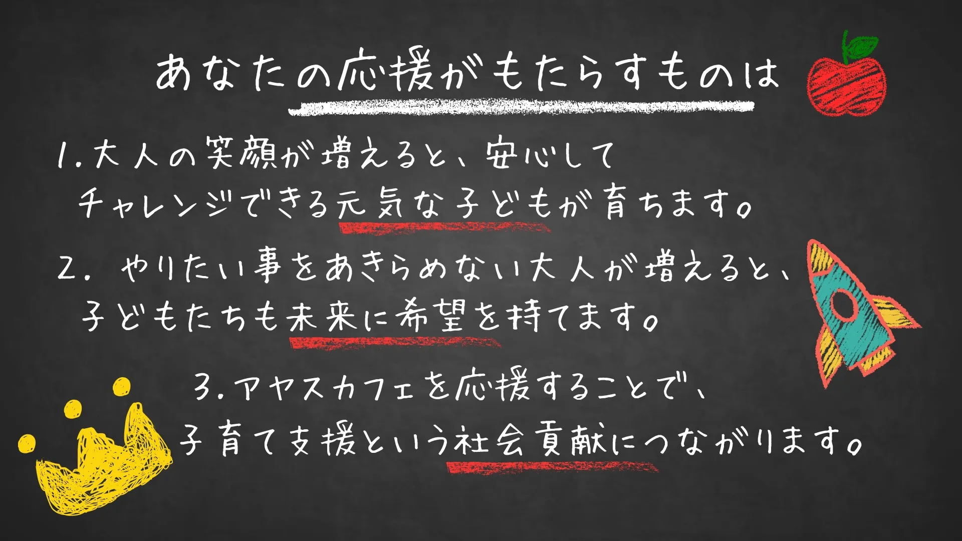 あなたの応援がもたらすものは 1.大人の笑顔が増えると、安心してチャレンジできる元気な子どもが育ちます。 Z.やりたい事をあきらめない大人が増えると、子どもたちも未来に希望を持てます。 3.アヤスカフェを応援することで、子育て支援という社会貢献につながります。