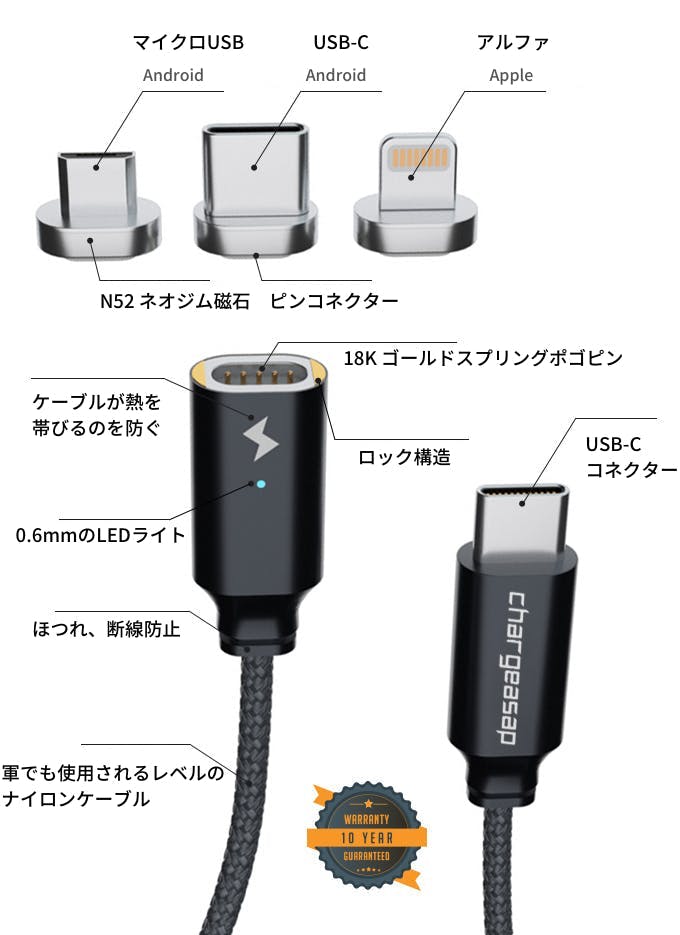 マグネットケーブル マグネット式 充電ケーブル USBケーブルx5-