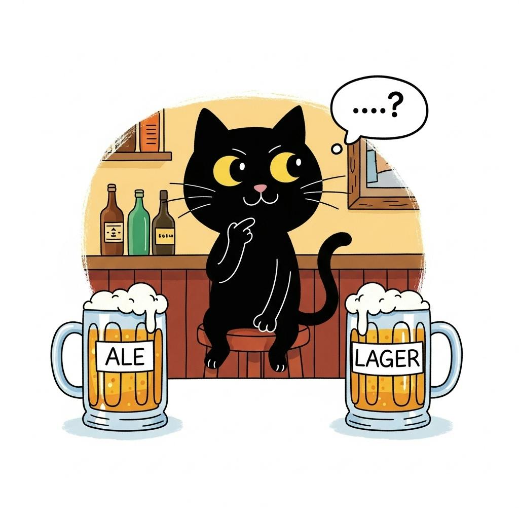 AIに描いてもらった「エールかラガーかで迷っている黒猫」の図。お気に入り。