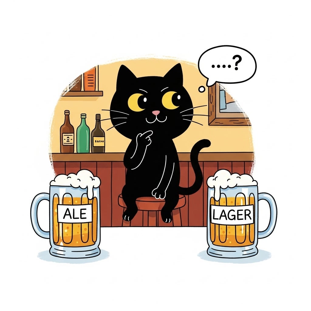 AIに描いてもらった「エールかラガーかで迷っている黒猫」の図。お気に入り。