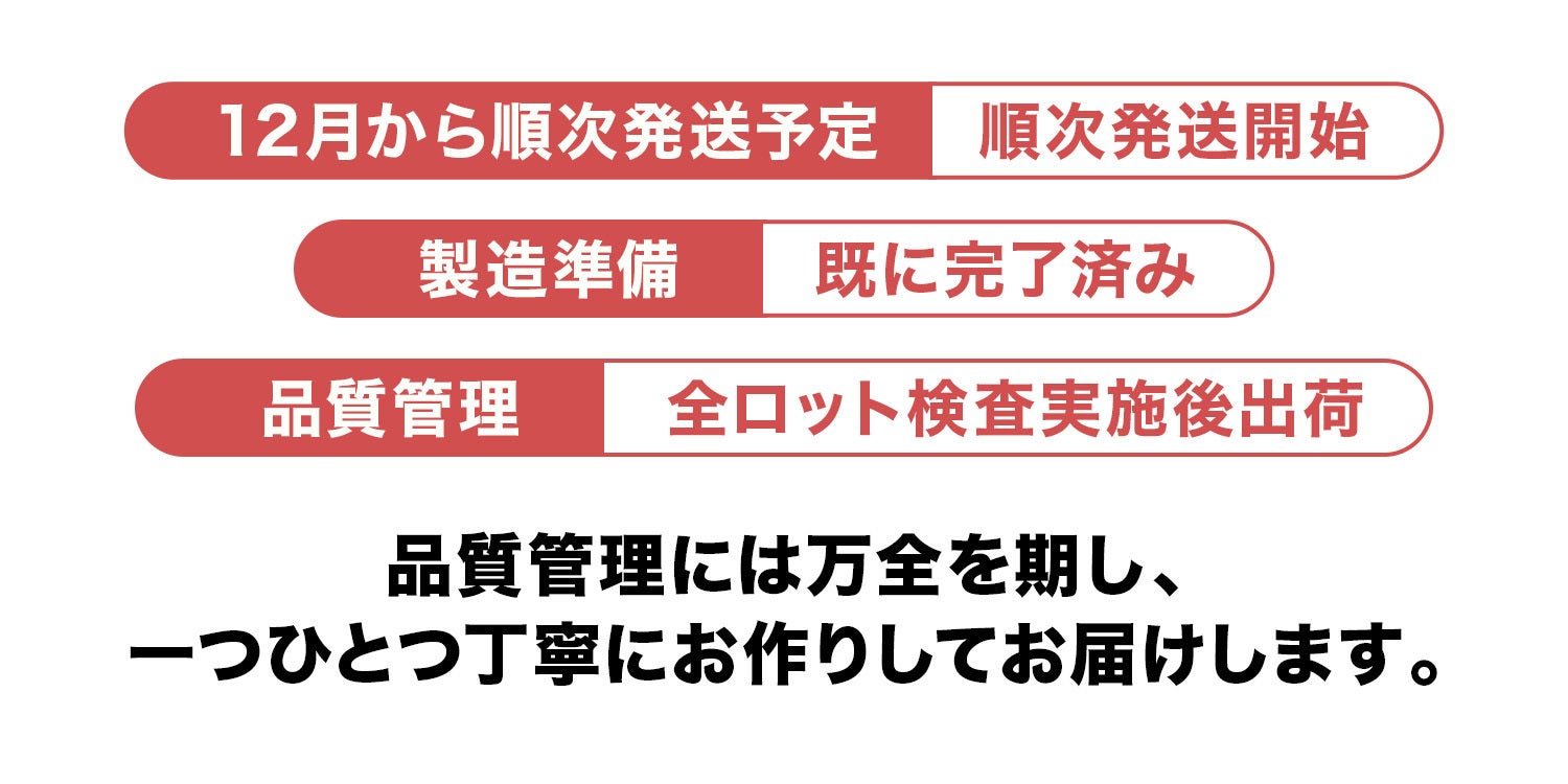 プロジェクト終了後1ヶ月:順次発送開始 製造準備:既に完了済み 品質管理:全ロット検査実施後出荷 品質管理には万全を期し、一つひとつ丁寧にお作りしてお届けします。