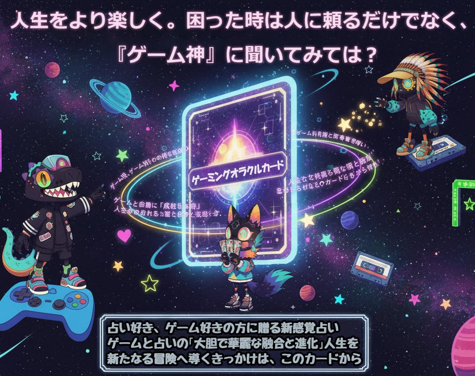 人生をより楽しく。困った時は人に頼るだけでなく、『ゲーム神』に聞いてみては? 占い好き、ゲーム好きの方に贈る新感覚占い ゲームと占いの「大胆で華麗なる融合と進化」人生を新たなる冒険へ導くきっかけは、このカードから。 人生の「攻略」に迷ったら?『ゲーミングオラクルカード』でゲーム神がヒントをくれる!ゲームと占いが融合した新感覚体験をあなたに。