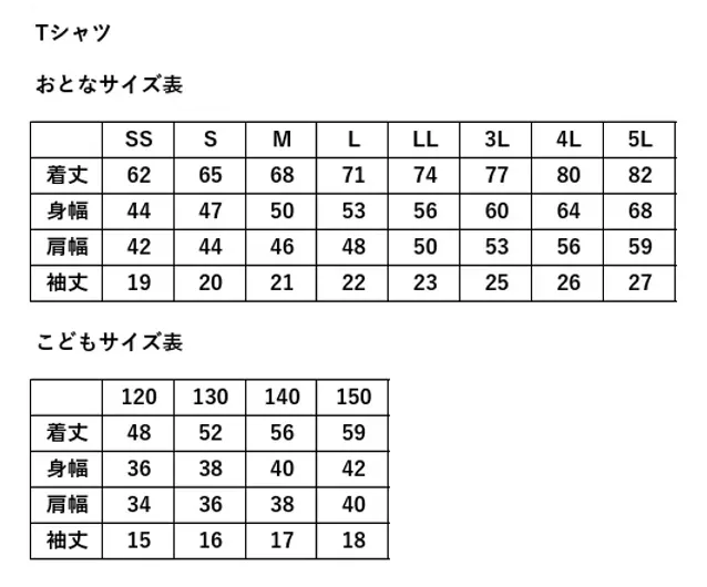 Tシャツサイズ表