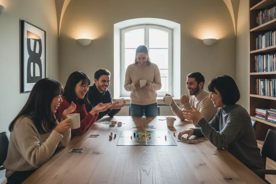 英会話ラウンジでボードゲーム会をする画像。