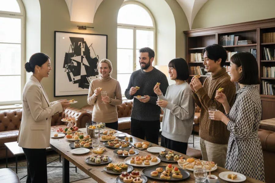 英会話ラウンジで、テイスティング会をする画像。