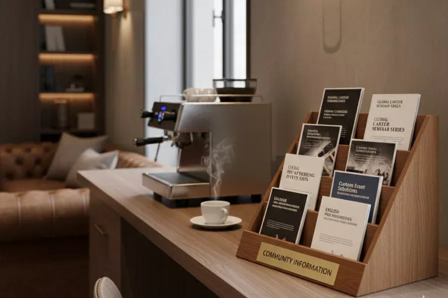 ラウンジのコーヒーサーバー横にチラシを置いてある画像。