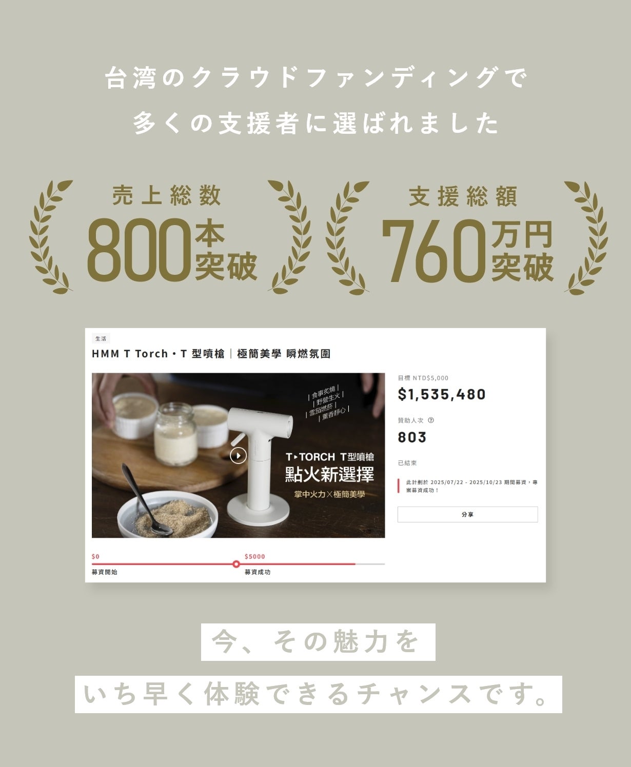 187gの超軽量×1300℃の超火力。デザイン賞受賞のT型ガストーチTTorch