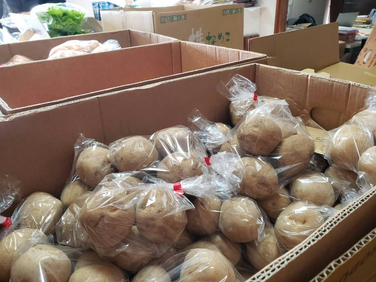 発送を待つ大量の食料が入った段ボール箱の接写。手前の箱には、透明なポリ袋に小分けされたジャガイモが山のように積み重なっています。  袋は赤いテープなどで口が留められており、奥にある別の箱にはレタスなどの葉物野菜も見えます。