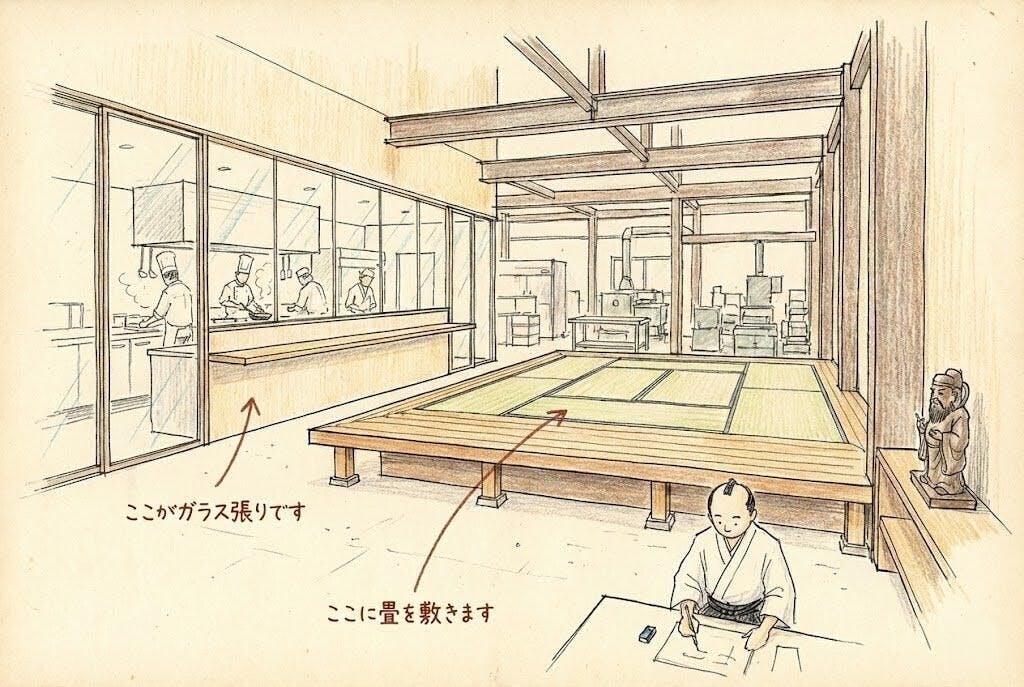 西京極の点心工場内に畳を敷いた「お座敷ファクトリー」完成予想図。製造工程を見学しながら食事ができる体験型スポット