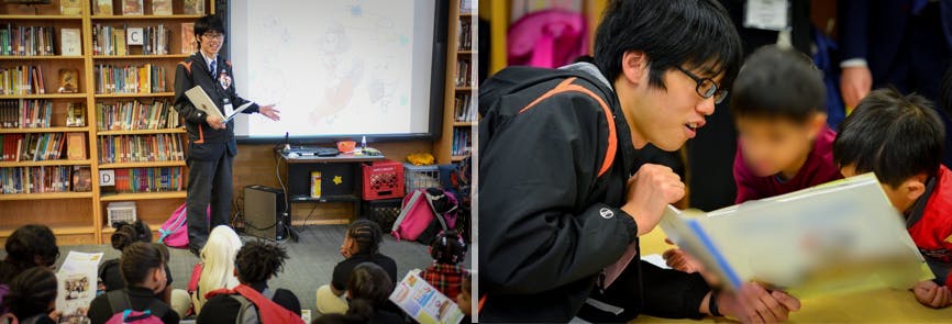 永江が子ども達に絵本の読み聞かせをする様子（写真2枚）