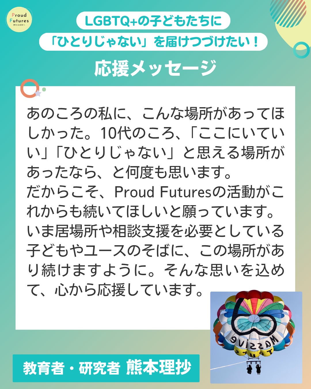 あのころの私に、こんな場所があってほしかった。  10代のころ、「ここにいていい」「ひとりじゃない」と思える場所があったなら、と何度も思います。 だからこそ、Proud Futuresの活動がこれからも続いてほしいと願っています。  いま居場所や相談支援を必要としている子どもやユースのそばに、この場所があり続けますように。  そんな思いを込めて、心から応援しています。教育者・研究者 熊本理沙 右下に熊本理沙さんがパラシュートで空を飛んでいる写真が載っている