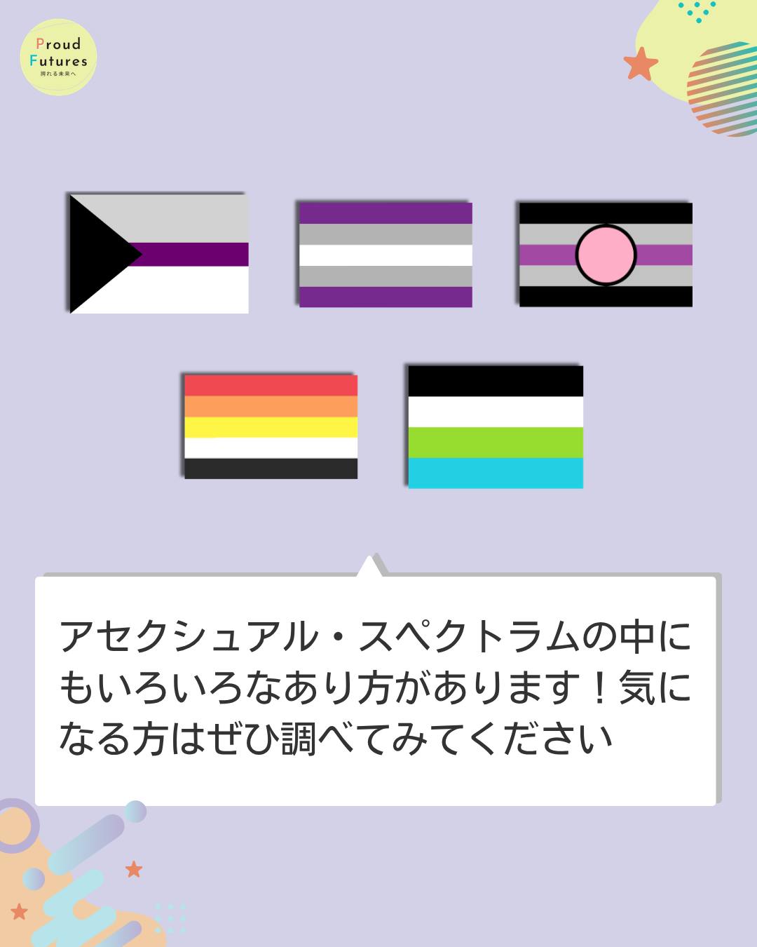 アセクシュアル・スペクトラムの中にもいろいろなあり方があります!気になる方はぜひ調べてみてください さまざまなアセクシュアル・スペクトラムに入るとされるアイデンティティのフラッグが載っている
