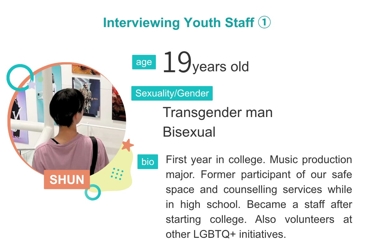 Interviewing Youth Staff ① SHUN age19years old Sexuality/Gender Transgender man Bisexual bio First year in college. Music production major. Former participant of our safe space and counselling services while in high school. Became a staff after starting college. Also volunteers at other LGBTQ+ initiatives.