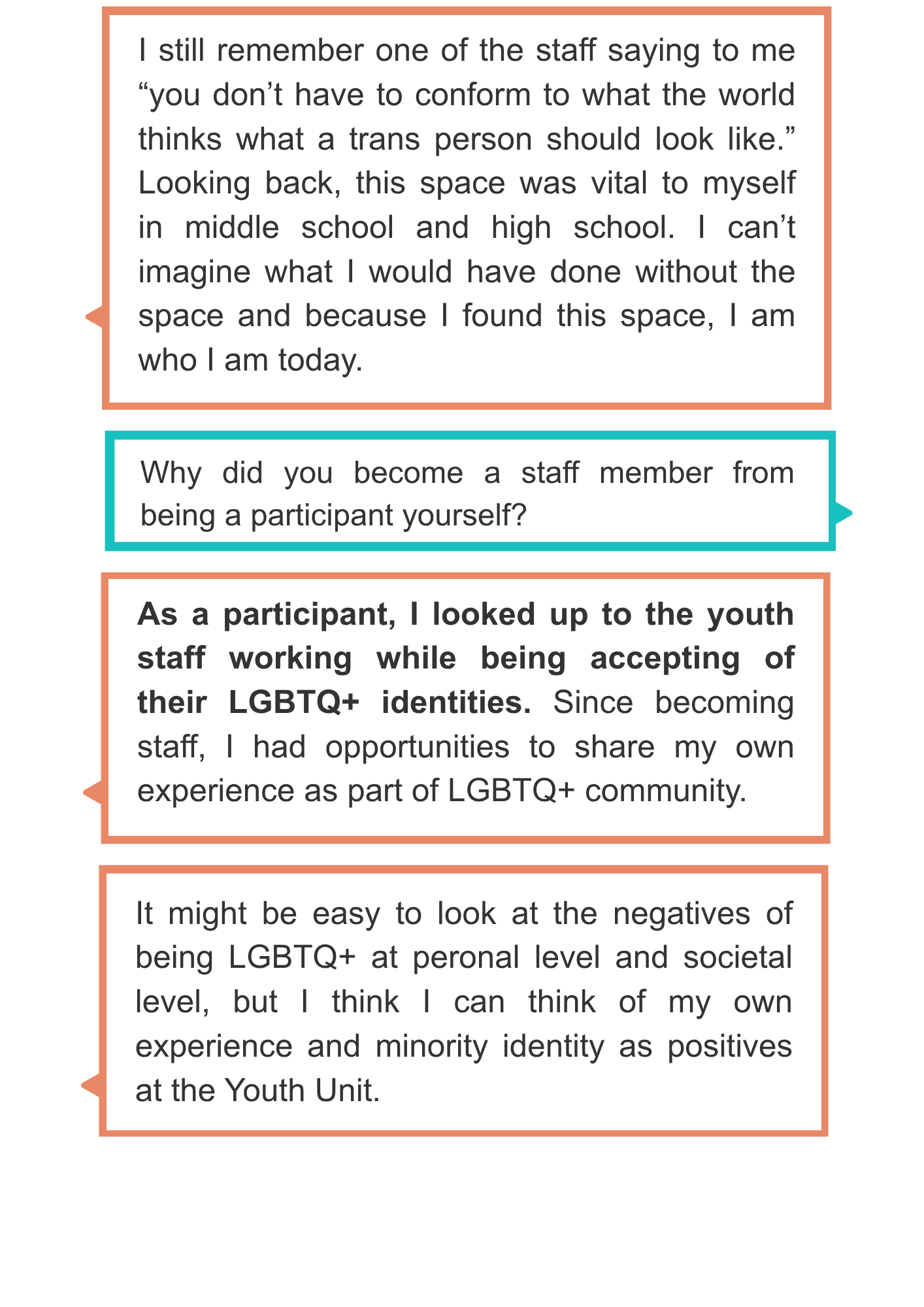 I still remember one of the staff saying to me “you don’t have to conform to what the world thinks what a trans person should look like.” Looking back, this space was vital to myself in middle school and high school. I can’t imagine what I would have done without the space and because I found this space, I am who I am today. Why did you become a staff member from being a participant yourself? As a participant, I looked up to the youth staff working while being accepting of their LGBTQ+ identities. Since becoming staff, I had opportunities to share my own experience as part of LGBTQ+ community. It might be easy to look at the negatives of being LGBTQ+ at peronal level and societal level, but I think I can think of my own experience and minority identity as positives at the Youth Unit.