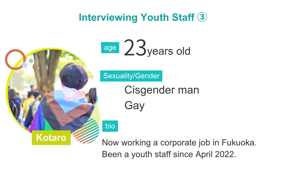  Interviewing Youth Staff ③ Kotaro age 23 years old Sexuality/Gender  Cisgender man Gay bio Now working a corporate job in Fukuoka. Been a youth staff since April 2022.