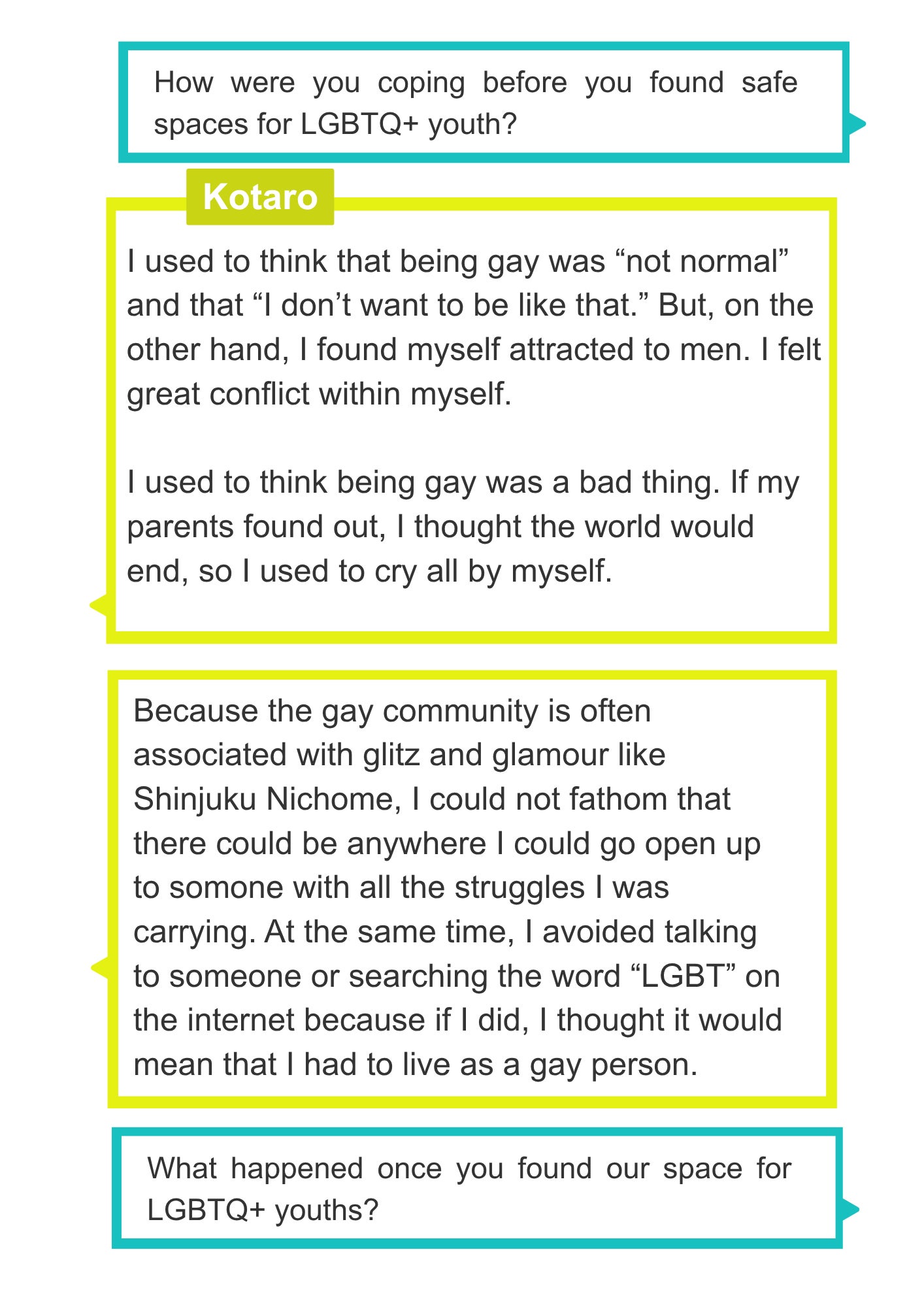 How were you coping before you found safe spaces for LGBTQ+ youth? Kotaro I used to think that being gay was “not normal” and that “I don’t want to be like that.” But, on the other hand, I found myself attracted to men. I felt great conflict within myself. I used to think being gay was a bad thing. If my parents found out, I thought the world would end, so I used to cry all by myself. Because the gay community is often associated with glitz and glamour like Shinjuku Nichome, I could not fathom that there could be anywhere I could go open up to somone with all the struggles I was carrying. At the same time, I avoided talking to someone or searching the word “LGBT” on the internet because if I did, I thought it would mean that I had to live as a gay person. What happened once you found our space for LGBTQ+ youths?