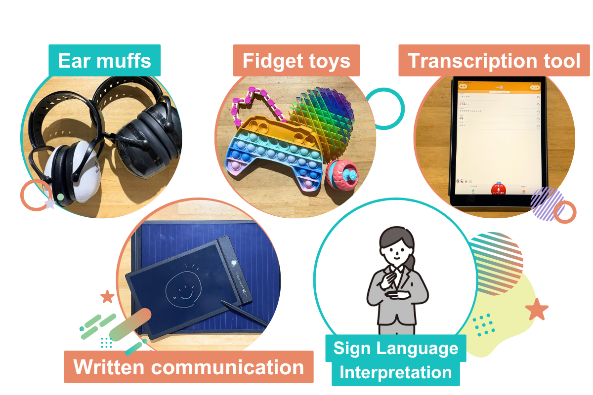 Fidget toys Sign Language Interpretation Ear muffs Written communication Transcription tool