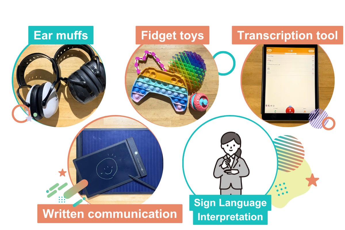 Fidget toys Sign Language Interpretation Ear muffs Written communication Transcription tool