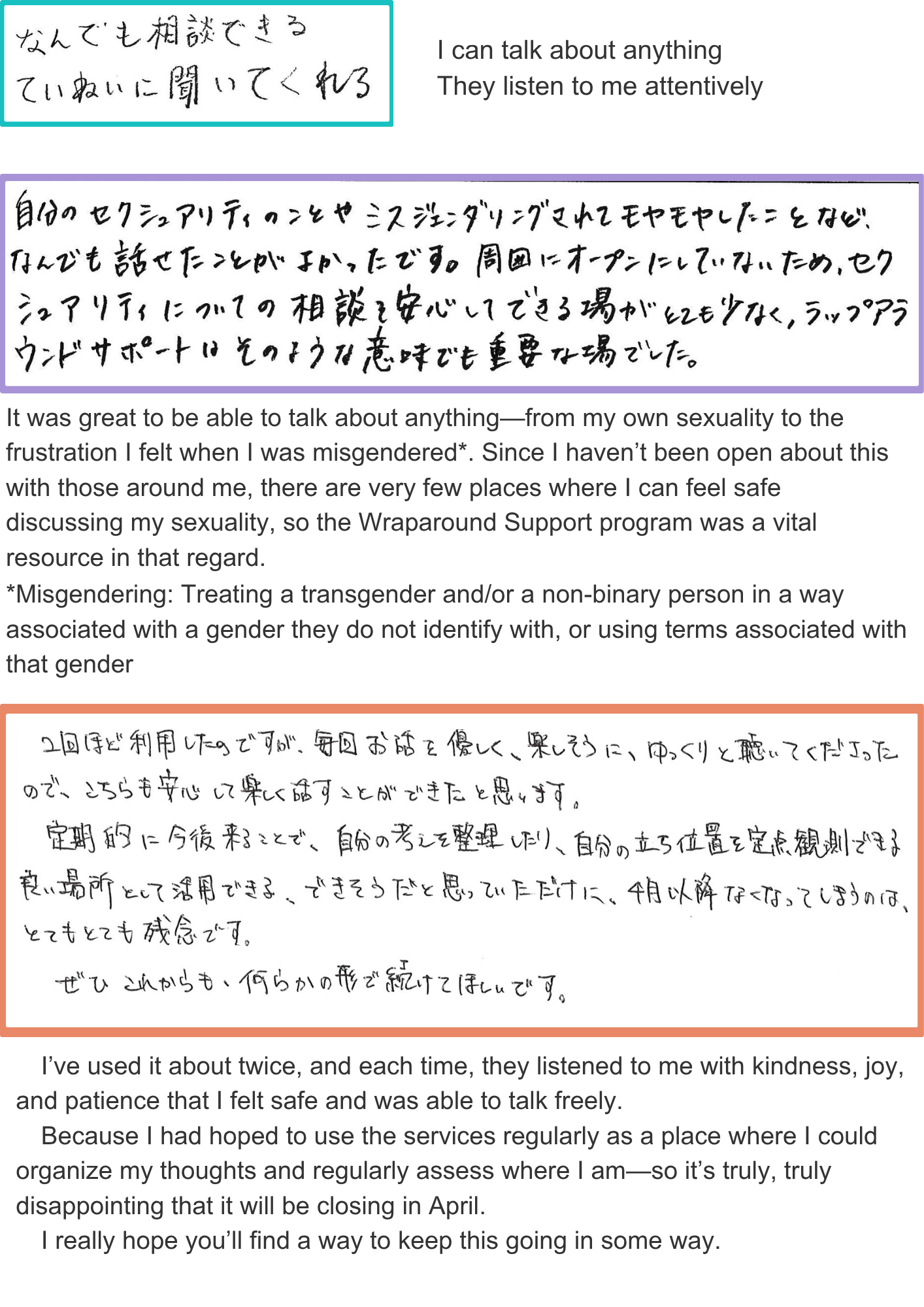 I can talk about anything They listen to me attentively It was great to be able to talk about anything—from my own sexuality to the frustration I felt when I was misgendered*. Since I haven’t been open about this with those around me, there are very few places where I can feel safe discussing my sexuality, so the Wraparound Support program was a vital resource in that regard. *Misgendering: Treating a transgender and/or a non-binary person in a way associated with a gender they do not identify with, or using terms associated with that gender I’ve used it about twice, and each time, they listened to me with kindness, joy,  and patience that I felt safe and was able to talk freely. 　Because I had hoped to use the services regularly as a place where I could organize my thoughts and regularly assess where I am—so it’s truly, truly disappointing that it will be closing in April. 　I really hope you’ll find a way to keep this going in some way.