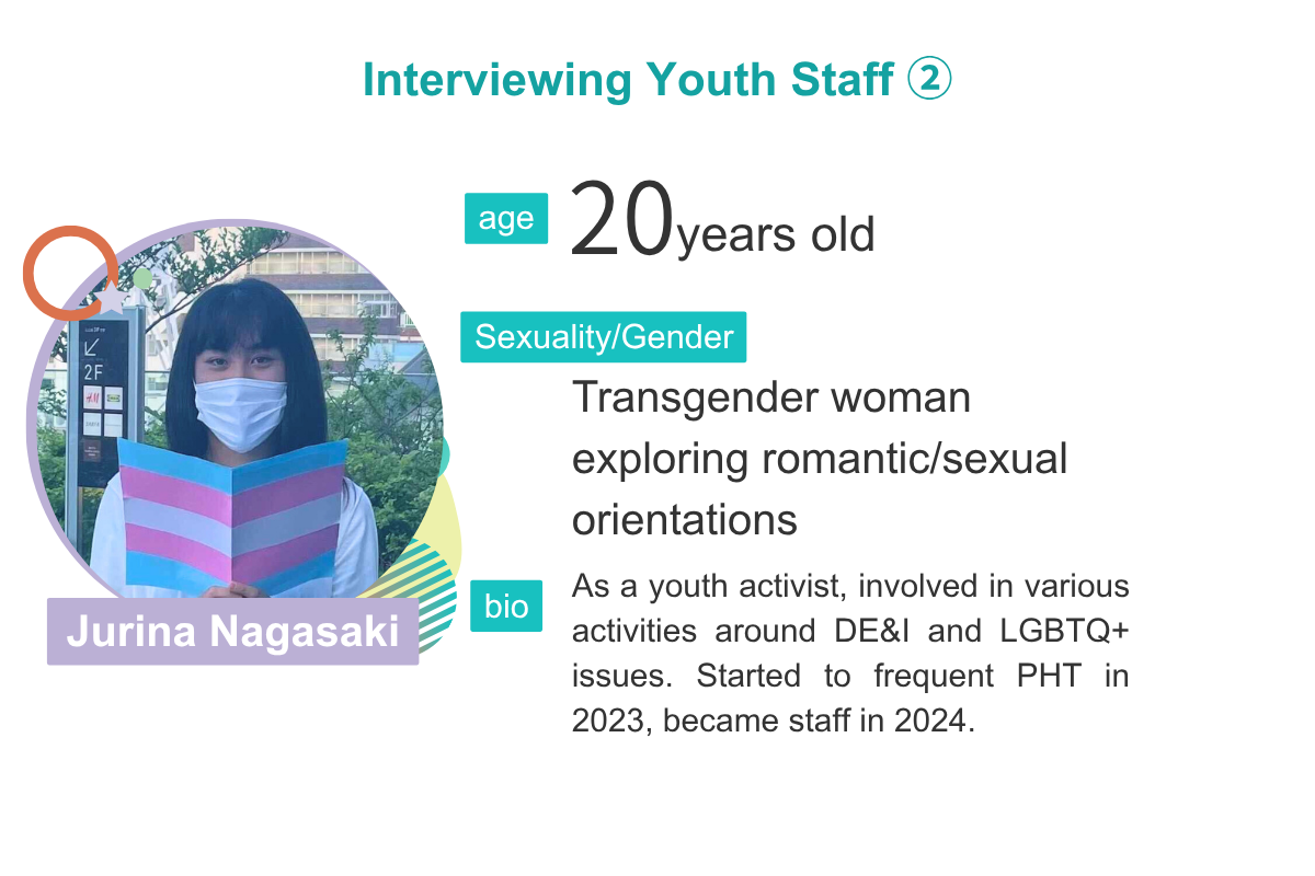 Interviewing Youth Staff ② Jurina Nagasaki  age 20years old Sexuality/Gender Transgender woman exploring romantic/sexual orientations  bio As a youth activist, involved in various activities around DE&I and LGBTQ+ issues. Started to frequent PHT in 2023, became staff in 2024.
