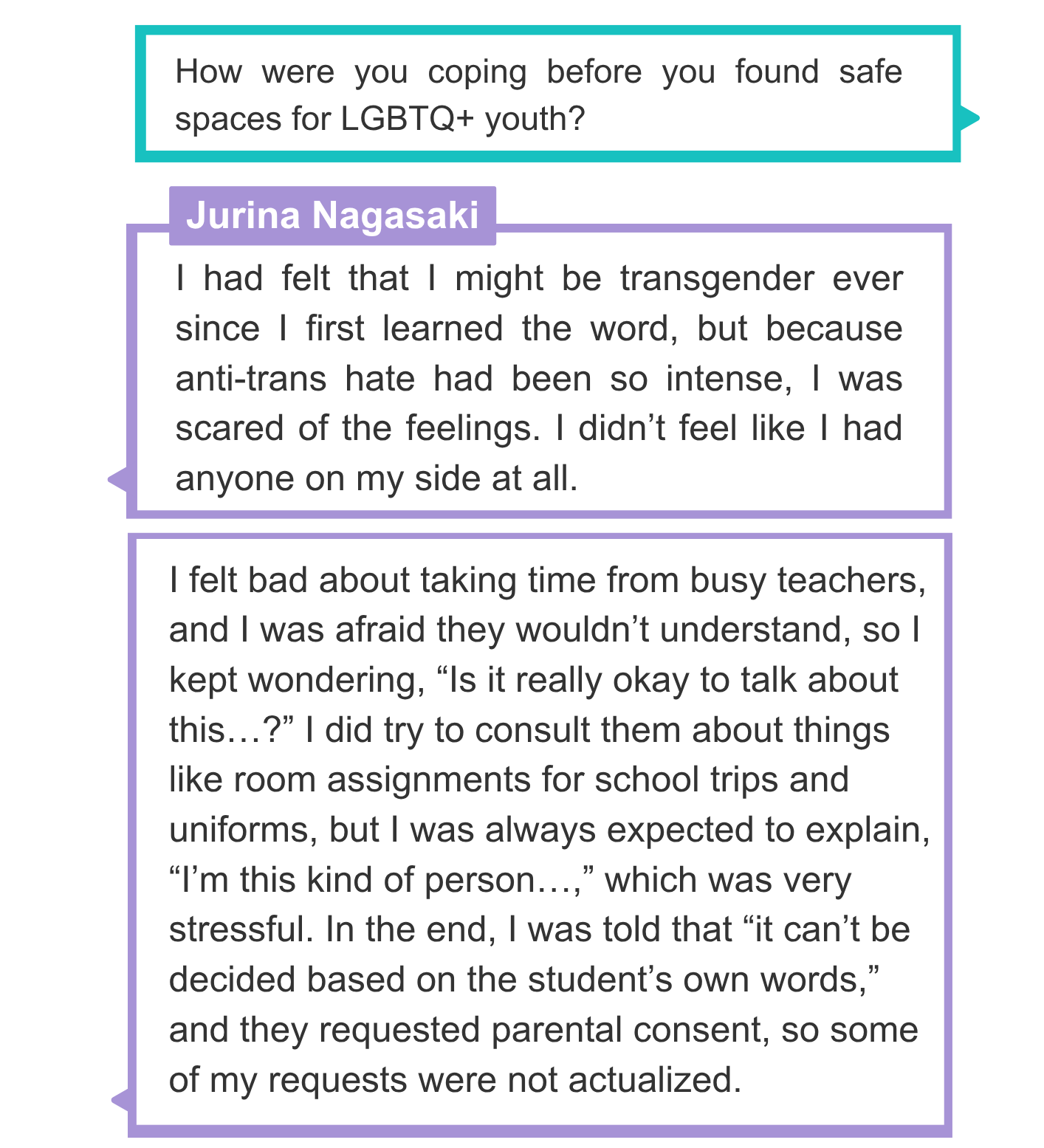 How were you coping before you found safe spaces for LGBTQ+ youth?  Jurina I had felt that I might be transgender ever since I first learned the word, but because anti-trans hate had been so intense, I was scared of the feelings. I didn’t feel like I had anyone on my side at all.  I felt bad about taking time from busy teachers, and I was afraid they wouldn’t understand, so I kept wondering, “Is it really okay to talk about this…?” I did try to consult them about things like room assignments for school trips and uniforms, but I was always expected to explain, “I’m this kind of person…,” which was very stressful. In the end, I was told that “it can’t be decided based on the student’s own words,” and they requested parental consent, so some of my requests were not actualized.