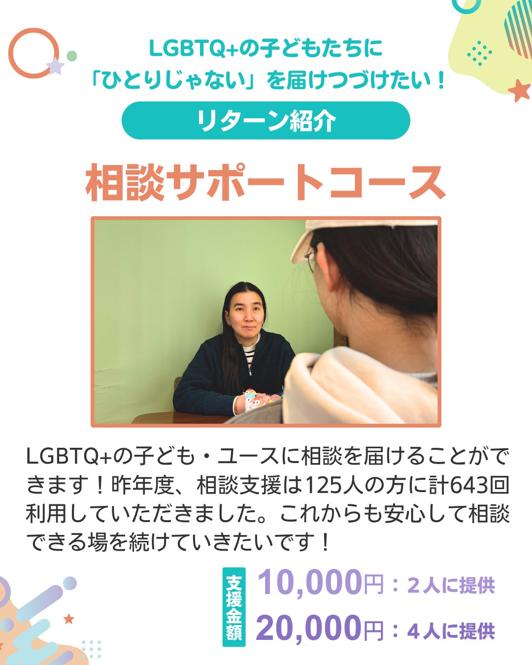 LGBTQ+の子どもたちに「ひとりじゃない」を届けつづけたい！ リターン紹介 相談サポートコース LGBTQ+の子ども・ユースに相談を届けることができます！昨年度、相談支援は125人の方に計643回利用していただきました。これからも安心して相談できる場を続けていきたいです！ 支援金額 10,000円：2人に提供 20,000円：4人に提供 中央に相談のイメージ画像が乗っている