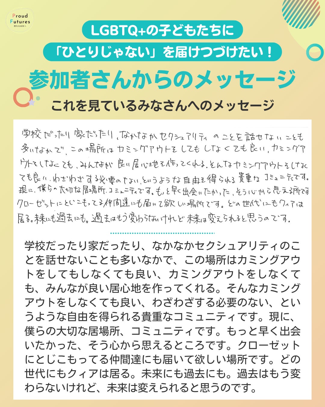 これを見ているみなさんへのメッセージ 学校だったり家だったり、なかなかセクシュアリティのことを話せないことも多いなかで、この場所はカミングアウトをしてもしなくても良い、カミングアウトをしなくても、みんなが良い居心地を作ってくれる。そんなカミングアウトをしなくても良い、わざわざする必要のない、というような自由を得られる貴重なコミュニティです。現に、僕らの大切な居場所、コミュニティです。もっと早く出会いたかった、そう心から思えるところです。クローゼットにとじこもってる仲間達にも届いて欲しい場所です。どの世代にもクィアは居る。未来にも過去にも。過去はもう変わらないけれど、未来は変えられると思うのです。