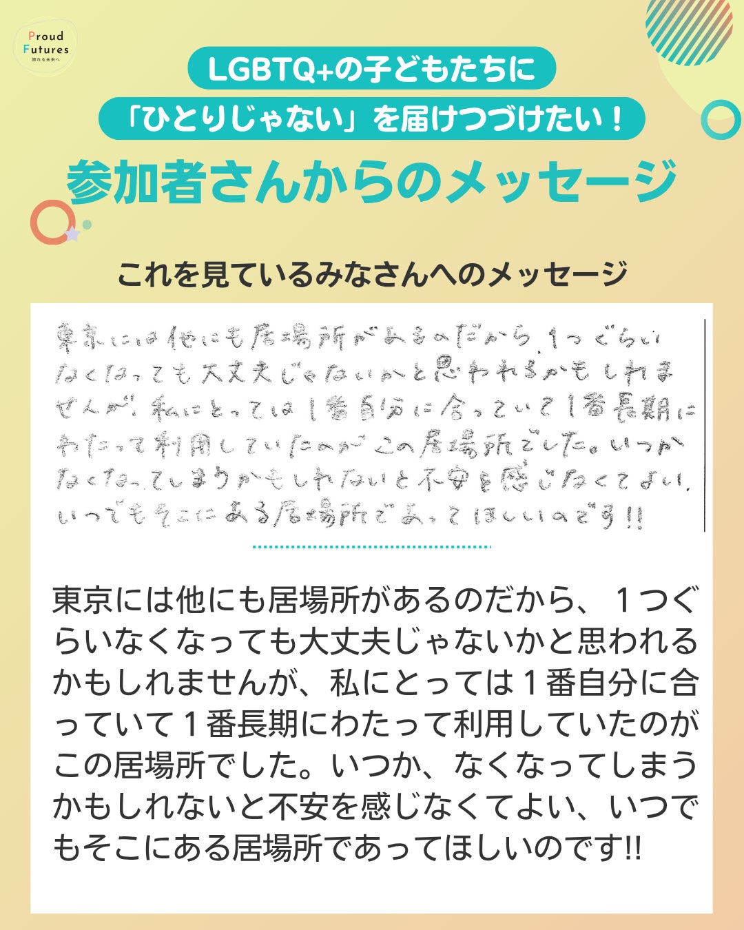 これを見ているみなさんへのメッセージ 東京には他にも居場所があるのだから、１つぐらいなくなっても大丈夫じゃないかと思われるかもしれませんが、私にとっては１番自分に合っていて１番長期にわたって利用していたのがこの居場所でした。いつか、なくなってしまうかもしれないと不安を感じなくてよい、いつでもそこにある居場所であってほしいのです!!