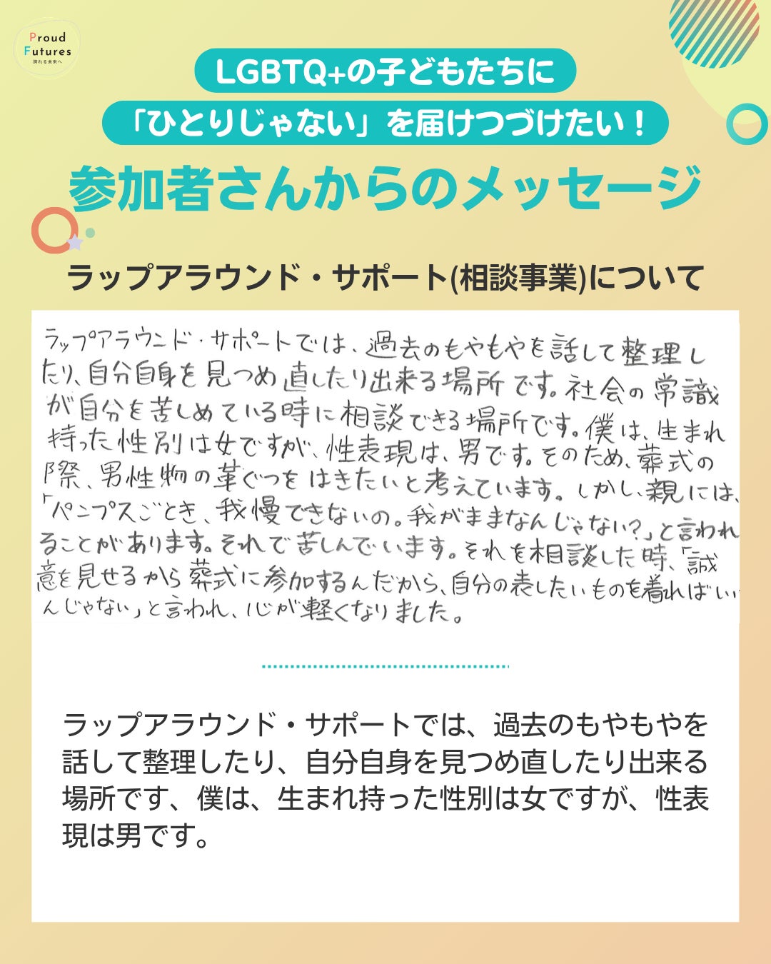 ラップアラウンド・サポート(相談事業)について ラップアラウンド・サポートでは、過去のもやもやを話して整理したり、自分自身を見つめ直したり出来る場所です、僕は、生まれ持った性別は女ですが、性表現は男です。