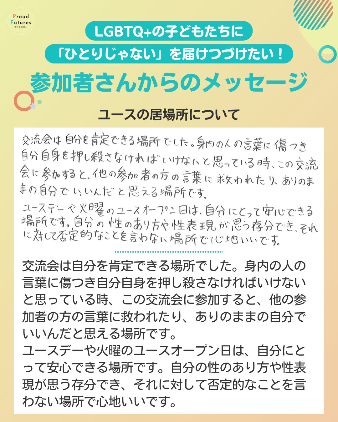 ユースの居場所について  交流会は自分を育定できる場所でした。身内の人の言葉に傷つき自分自身を押し殺さなければいけないと思っている時、この交流会に参加すると、他の参加者の方の言葉に救われたり、ありのままの自分でいいんだと思える場所です。 ユースデーや火曜のユースオープン日は、自分にとって安心できる場所です。自分の性のあり方や性表現が思う存分でき、それに対して否定的なことを言わない場所で心地いいです。