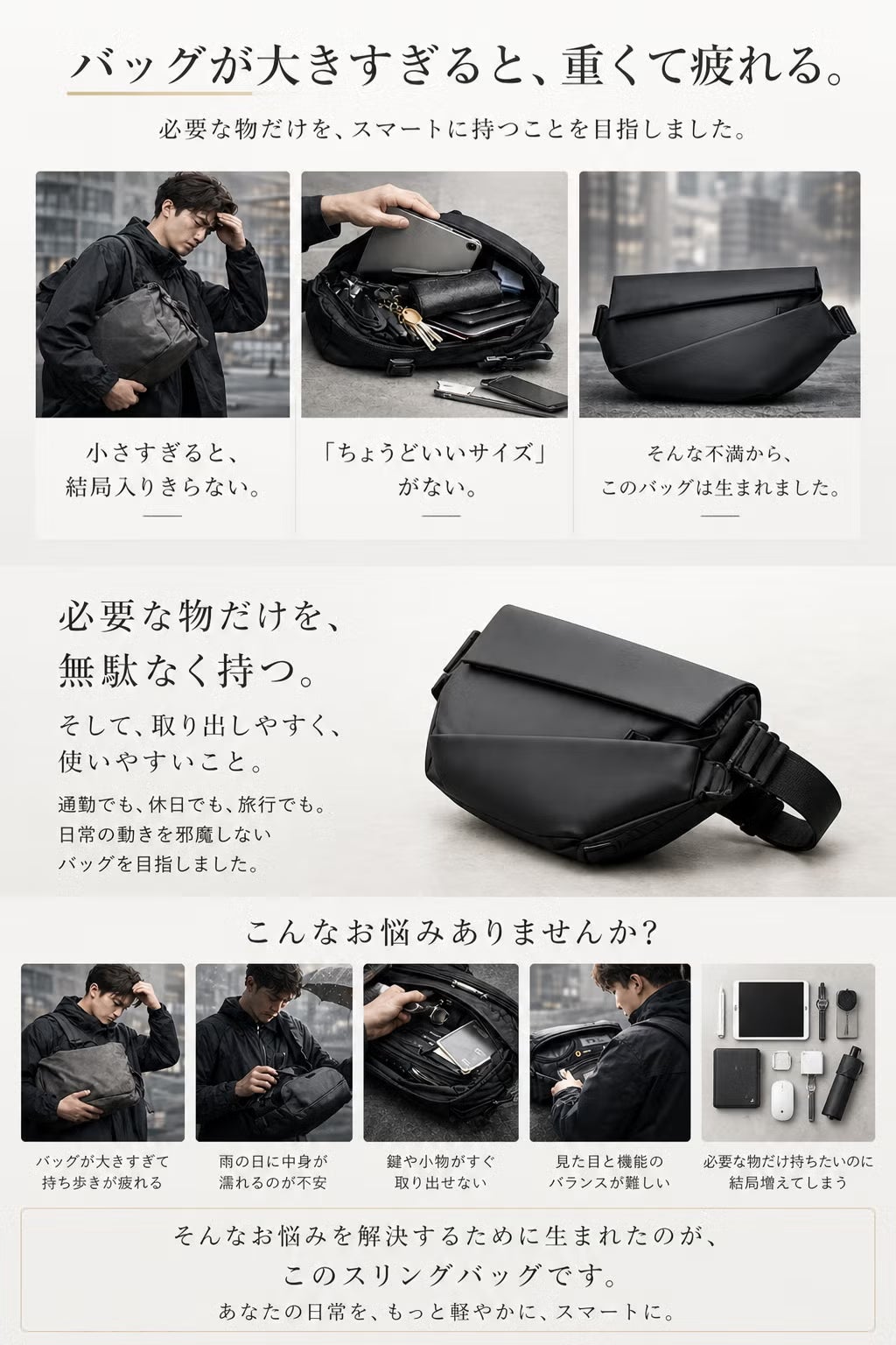 軽さと機能を両立。磁気バックル搭載スリングバッグ - CAMPFIRE
