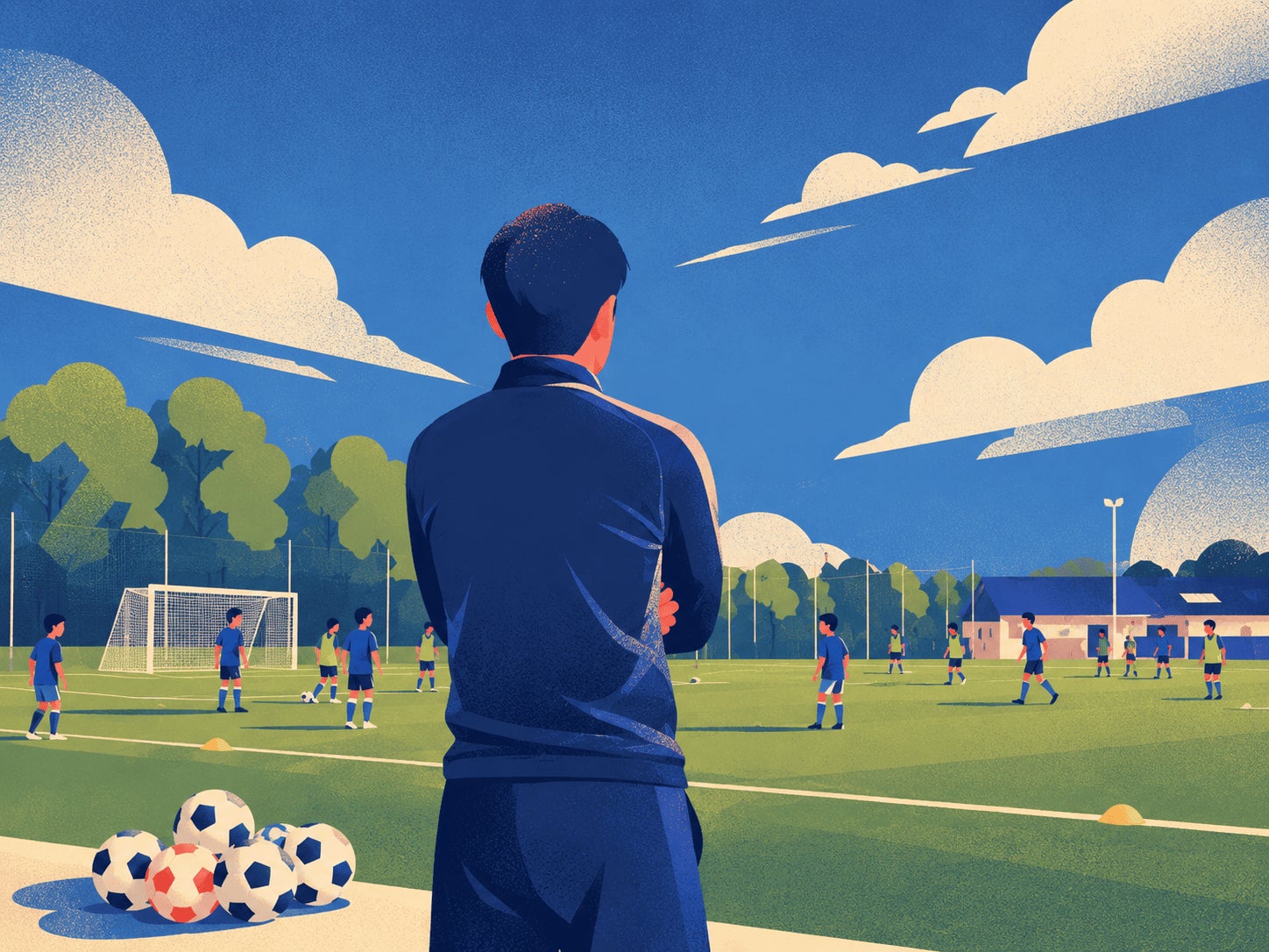 サッカーコーチがチームを見渡すシーン