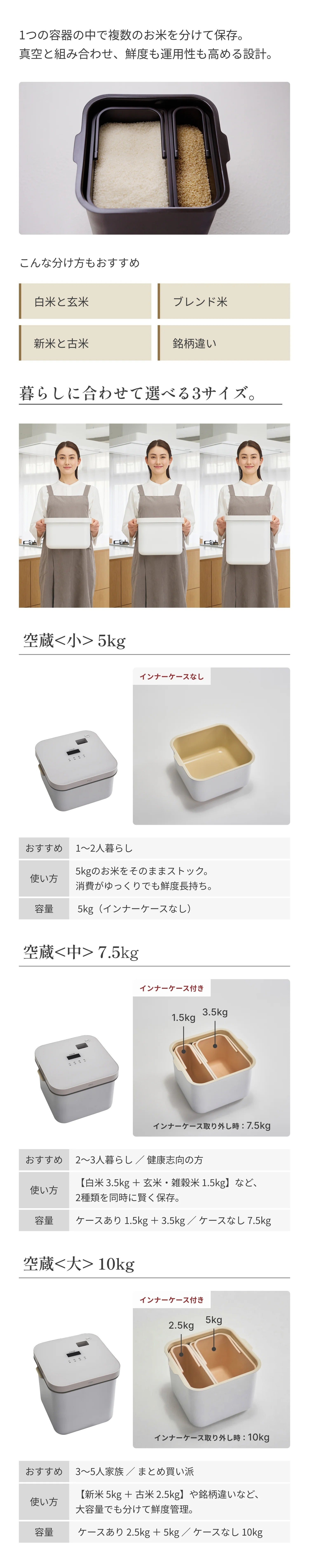 真空保存で鮮度約5ヵ月！四角い形がキッチンにすっぽり収まる、分割