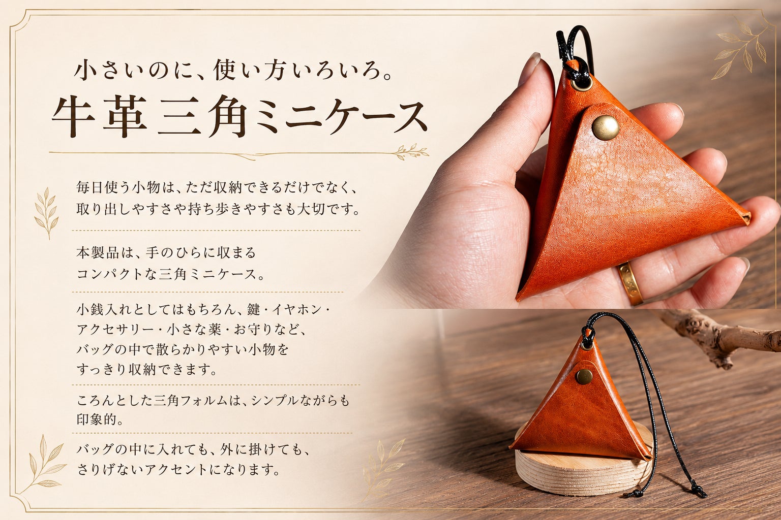 小銭も小物も、首掛けでも。牛革で仕立てた三角ミニケース - CAMPFIRE