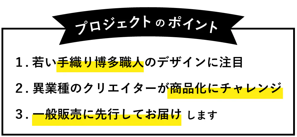プロジェクトのポイント(1)手織り博多織(2)商品化にチャレンジ(3)先行販売
