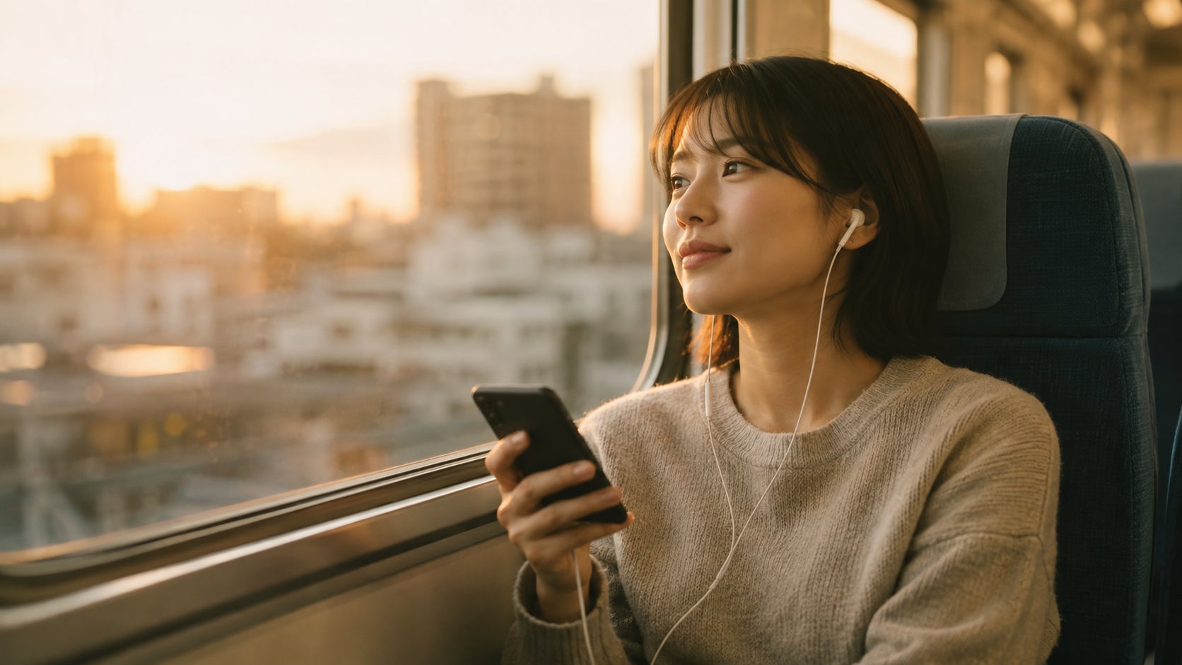 電車の窓際に座る若い女性が、イヤホンをつけてスマートフォンを手に持ちながら、窓の外をやわらかな表情で見つめている。  窓の外には夕焼けに染まったビル群が広がっている。