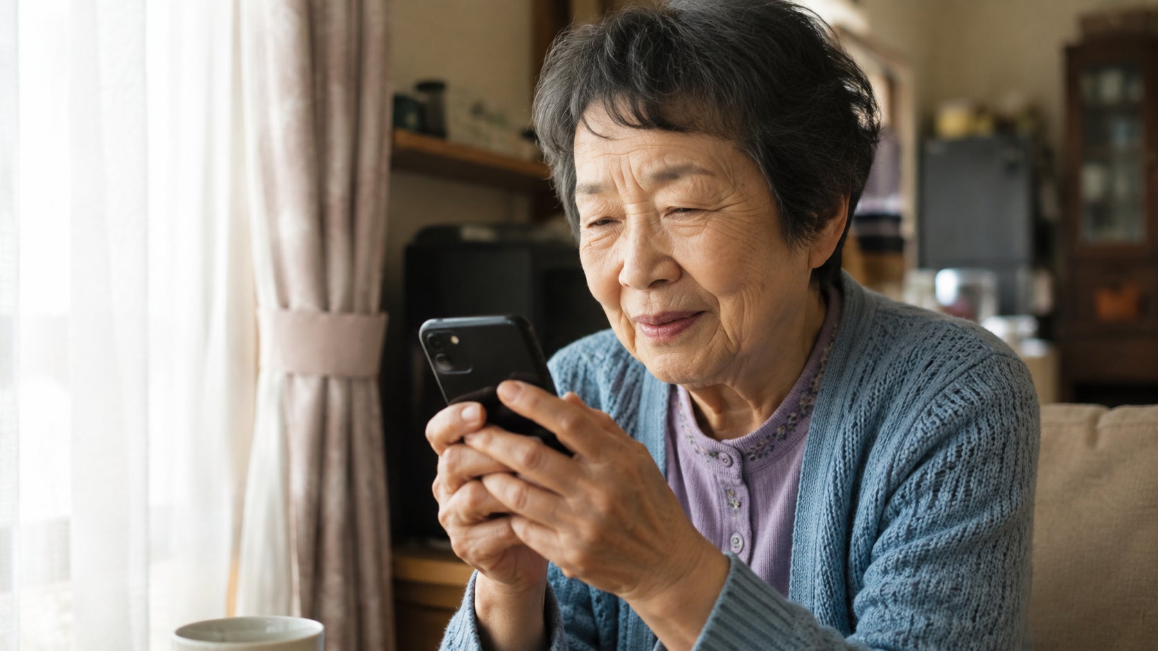 高齢の女性がスマートフォンを両手で持ち、画面を覗き込みながら穏やかな笑みを浮かべている。水色のカーディガンを着て、やや前かがみの姿勢で画面に視線を落としている。 背後には白いカーテン越しに自然光が差し込み、棚や調度品が並ぶ室内の様子が見える。