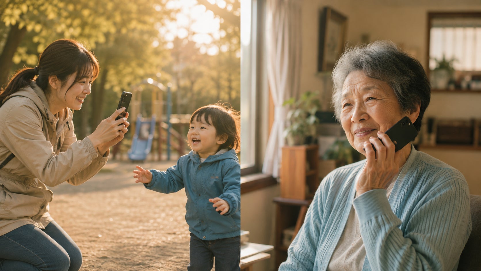 二枚の写真を並べた構成で、左では若い母親がスマートフォンを向ける先で幼い子どもが両手を広げ笑顔で駆け寄っており、公園の遊具と木漏れ日が背景に広がる。 右では高齢の女性が室内のソファに座り、スマートフォンを耳に当てて穏やかな表情を見せており、窓際の観葉植物が柔らかく光を受けている。