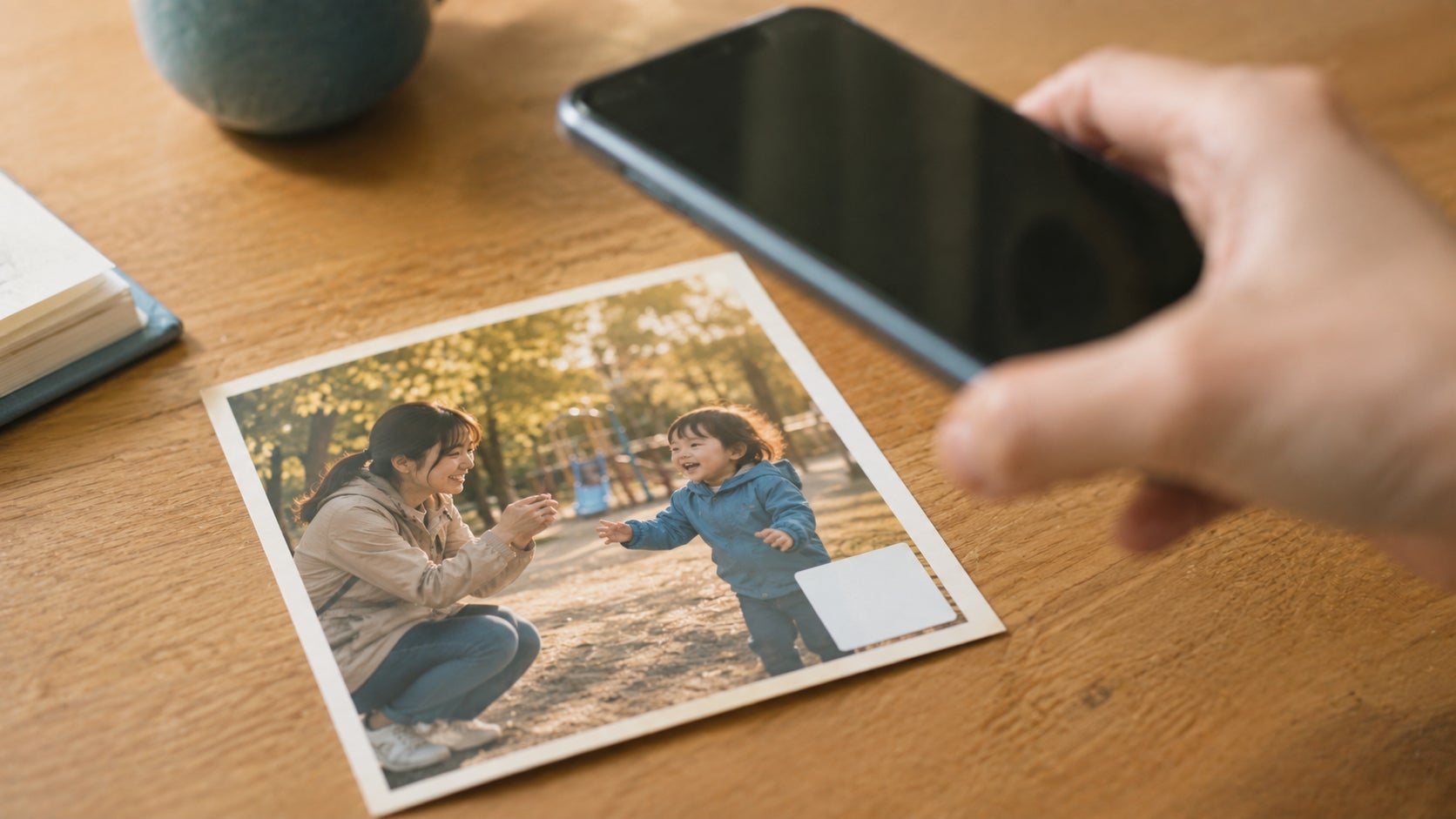 木製のテーブルの上に、公園で遊ぶ親子を写したプリント写真が置かれている。写真の中では、しゃがんだ母親に向かって青いパーカーを着た幼い子どもが両手を広げて駆け寄り、二人とも笑顔を向け合っている。  テーブルの右手にはスマートフォンを持つ手が写り込み、奥には青みがかった器も見える。