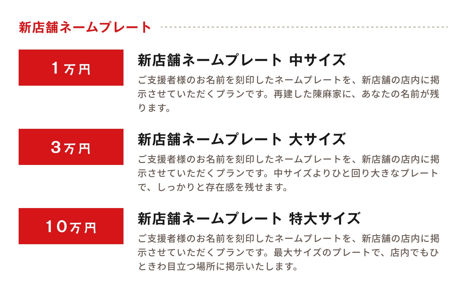 新店舗ネームプレートプラン一覧 1万円,3万円, 10万円コースがあります