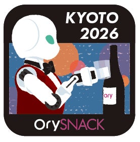 「OrySNACK」のステッカーデザイン。黒の角丸正方形を背景に、バーテンダー風のベストと蝶ネクタイを身につけてボトルを手にするOriHimeのイラスト。「KYOTO2026」の文字入り。