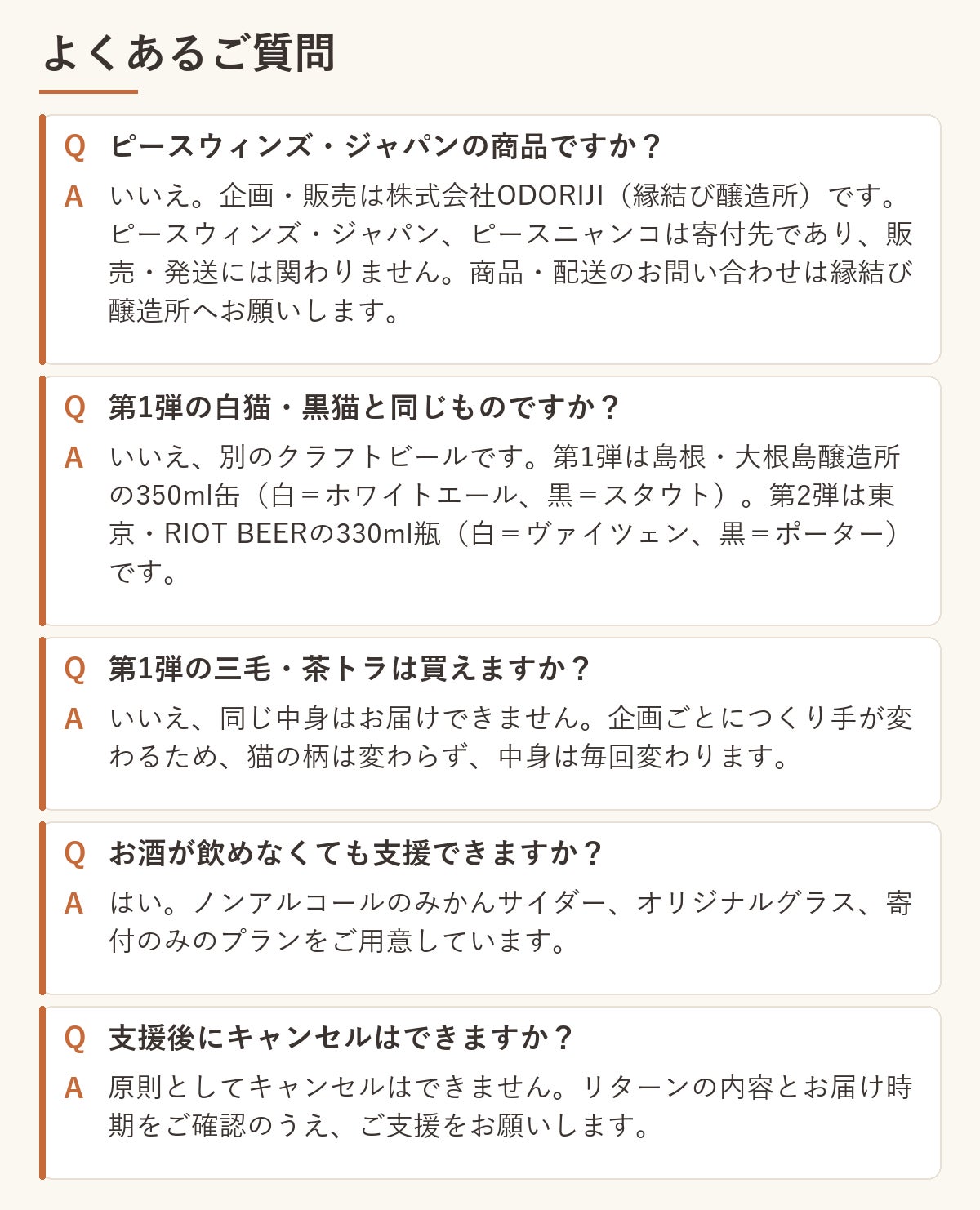 よくあるご質問：販売者、第1弾との違い、ノンアルコールの支援、キャンセルについて