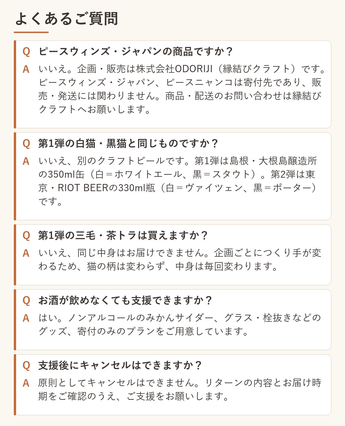 よくあるご質問：販売者、第1弾との違い、ノンアルコールの支援、キャンセルについて