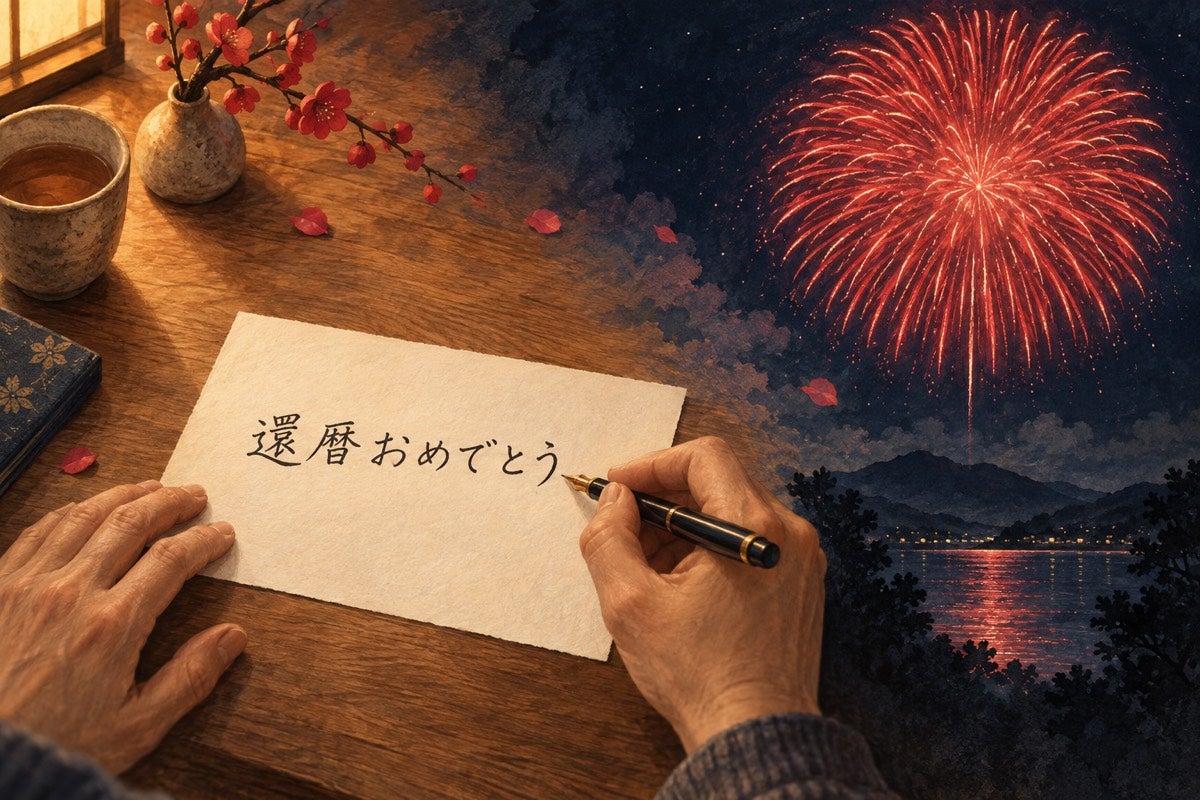 お祝いの言葉を花火に託すイメージイラスト