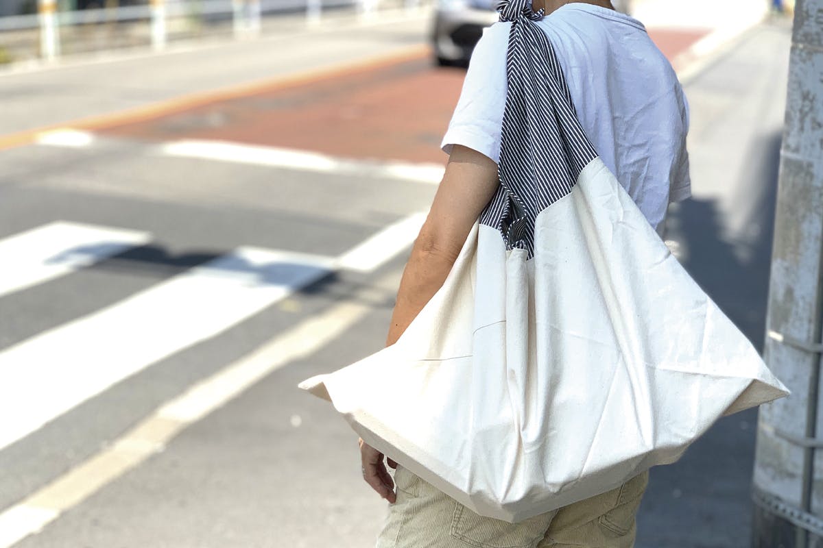 倉敷帆布＆デニムで日本伝統「あづま袋」タイプのショッピングバッグを