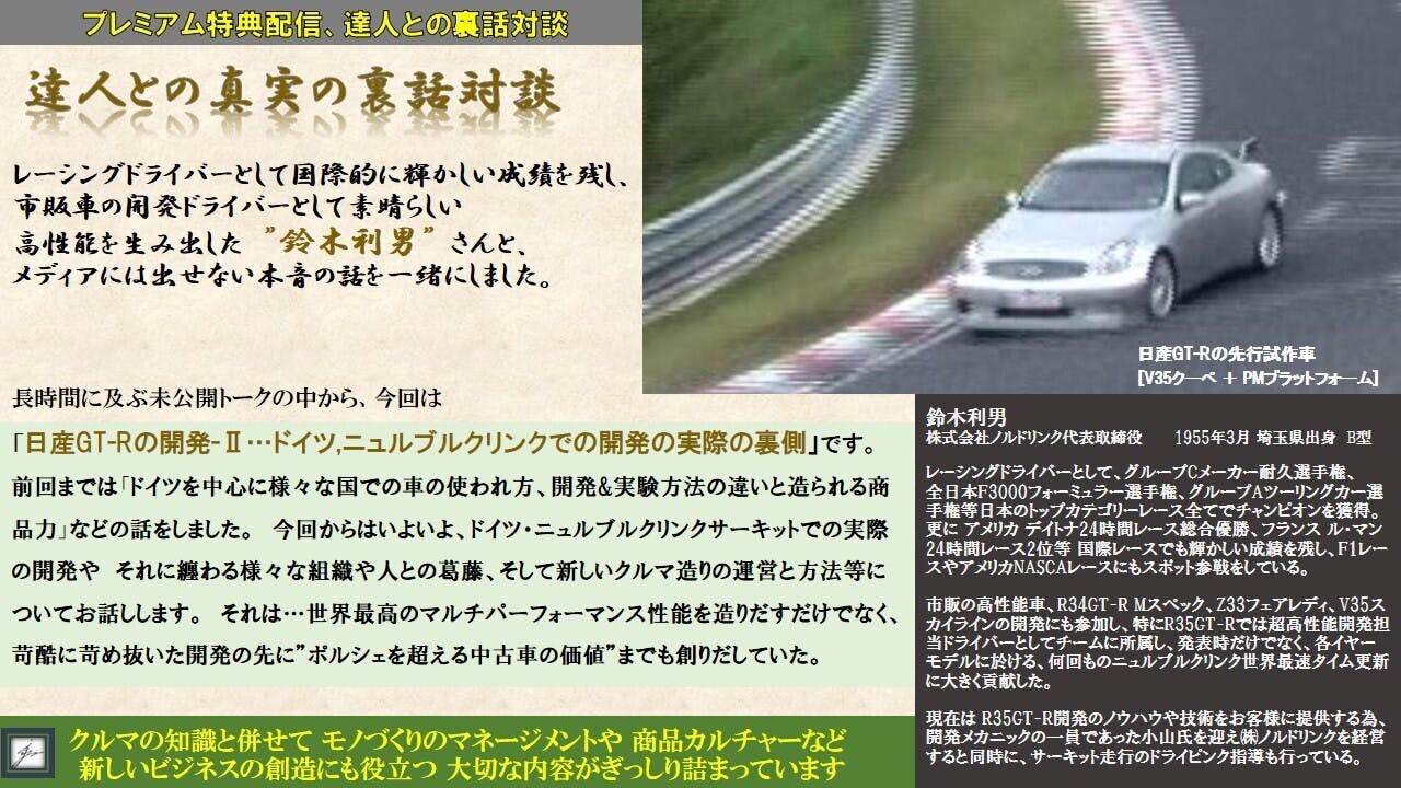 特典配信 達人との裏話対談 日産r35gt Rの開発 ドイツ ニュルブルクリンクでの開発の実際の裏話 Campfireコミュニティ