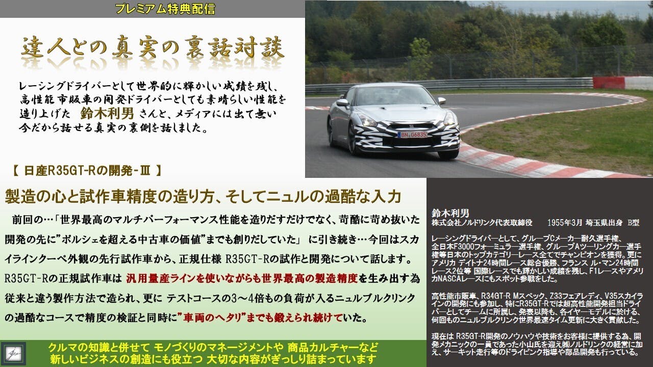 コミュニティ特典映像 達人との真実の裏話対談 鈴木利男さん対談 日産r35gt R開発 製造の心と試 Campfireコミュニティ